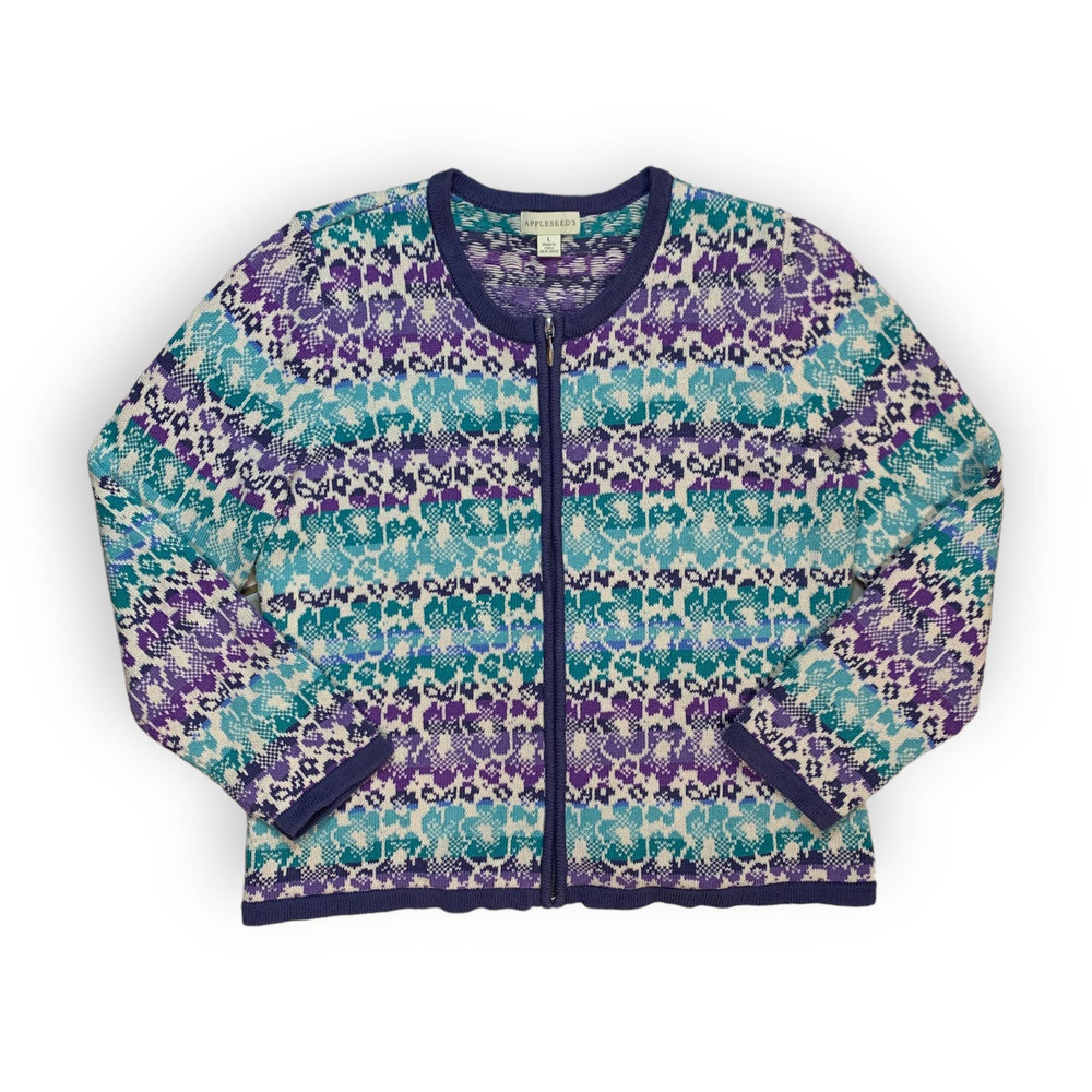 Vintage Appleseeds Knitted Purple and Teal Floral Full Zip Cardigan Size L